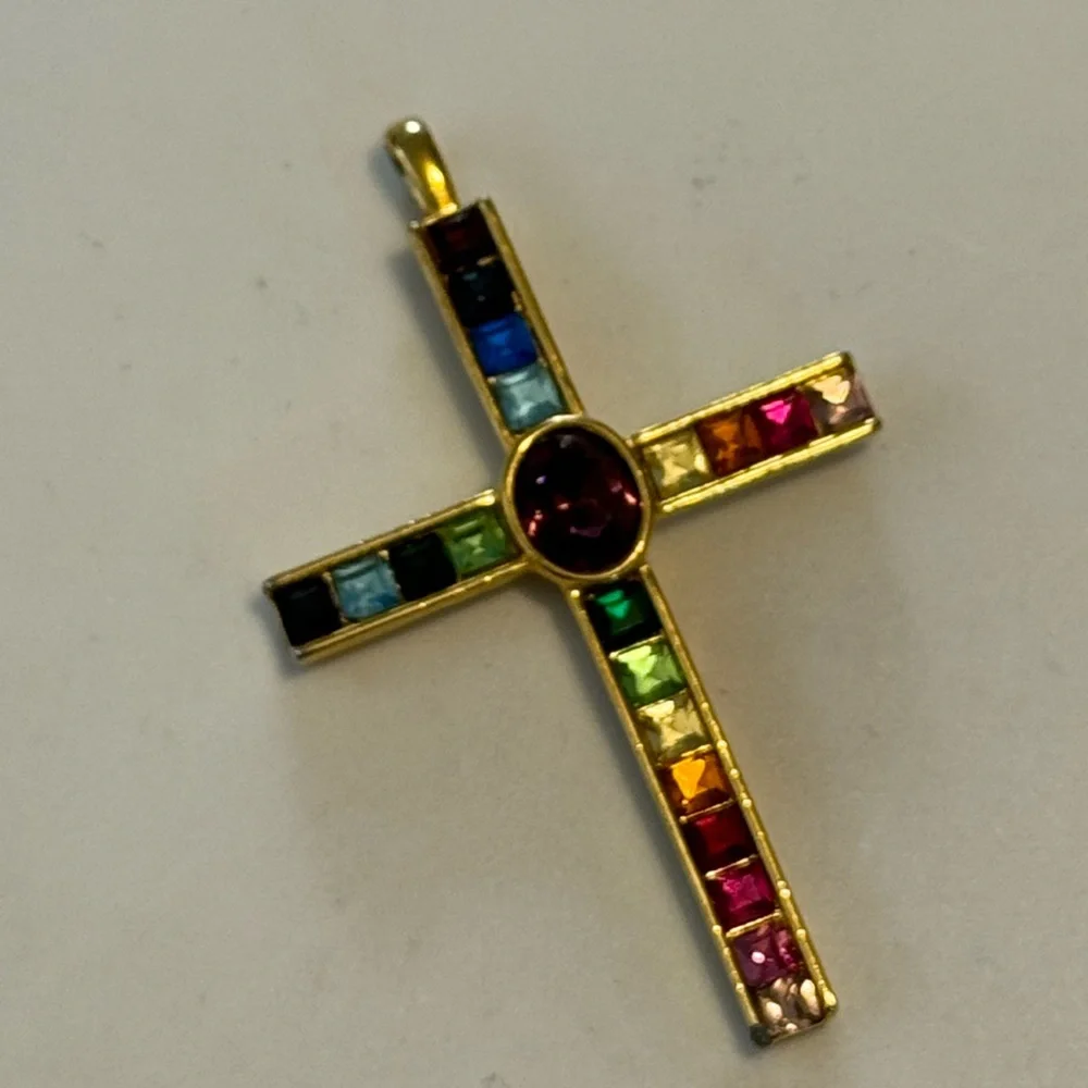 Multicolor Gemstone Gold Cross Pendant - Picture 5 of 7